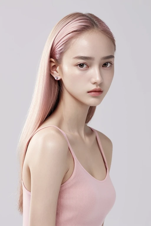 1 woman , beautiful woman,, 16 years old , ears are visible , sharp chin , big eyes , slender high nose , Fair skin , Hair color is pink , delicate body shape , displeased look , wide forehead , One person , thin eyebrows ,Hair all back,