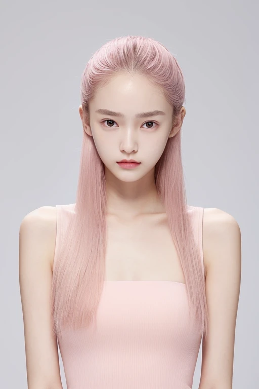 1 woman , beautiful woman,, 16 years old , ears are visible , sharp chin , big eyes , slender high nose , Fair skin , Hair color is pink , delicate body shape , displeased look , wide forehead , One person , thin eyebrows ,Hair all back,