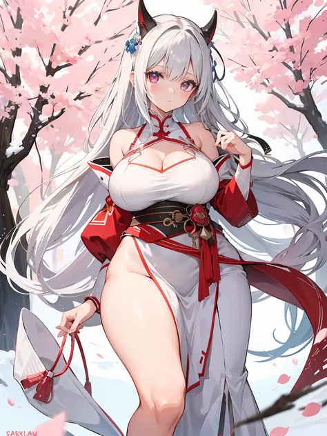 1girl, big breasts, curvy figures, full body, white hairs, red eyes, white dress, cleavage cutout, braided hairstyle, sakura tree, high res, (masterpiece)