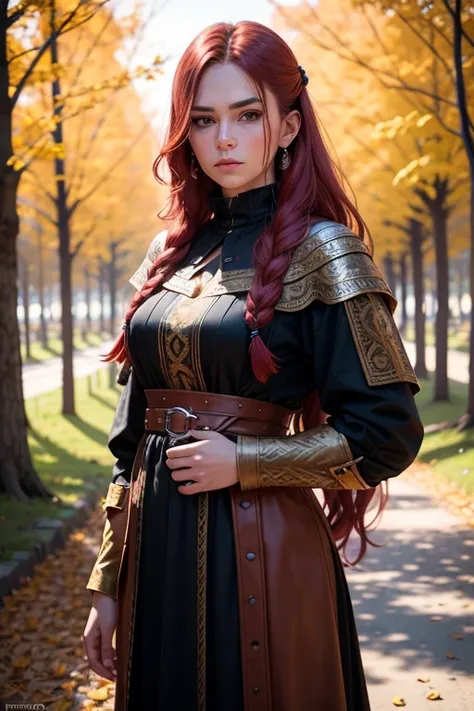 [Retrato de cuerpo entero] [Nordic fashion model aged 18-23] [cabello color rojo] [vestido como un estilo vikingo de guerreroored expression on face] [Forest and autumn landscape] [type of illumination: natural  lighting], extremadamente realista, 8k, deta...