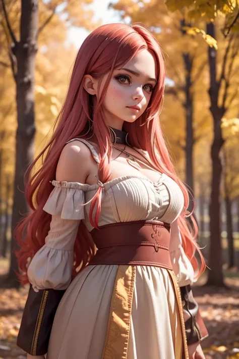 [Retrato de cuerpo entero] [Nordic fashion model aged 18-23] [cabello color rojo] [vestido como un estilo vikingo de guerreroored expression on face] [Forest and autumn landscape] [type of illumination: natural  lighting], extremadamente realista, 8k, deta...