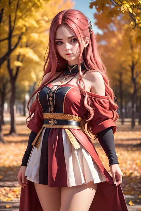 [Retrato de cuerpo entero] [Nordic fashion model aged 18-23] [cabello color rojo] [vestido como un estilo vikingo de guerreroored expression on face] [Forest and autumn landscape] [type of illumination: natural  lighting], extremadamente realista, 8k, deta...