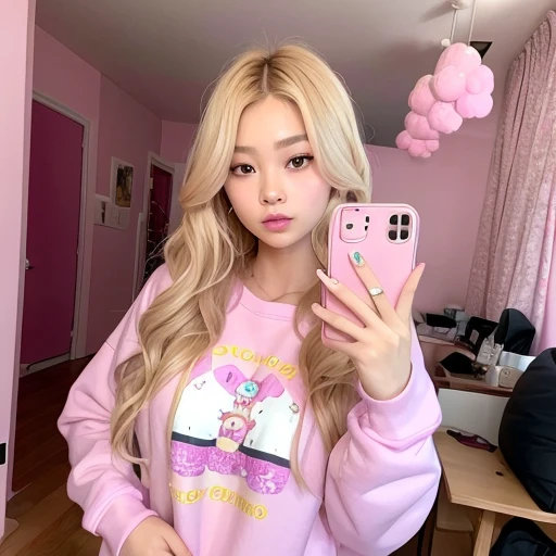 Kim Jennie blonde with wavy hair wearing a pink sweatshirt and lilac sweatpants with a stuffed cookie in her hand, selfie, background de quarto gamer fofo