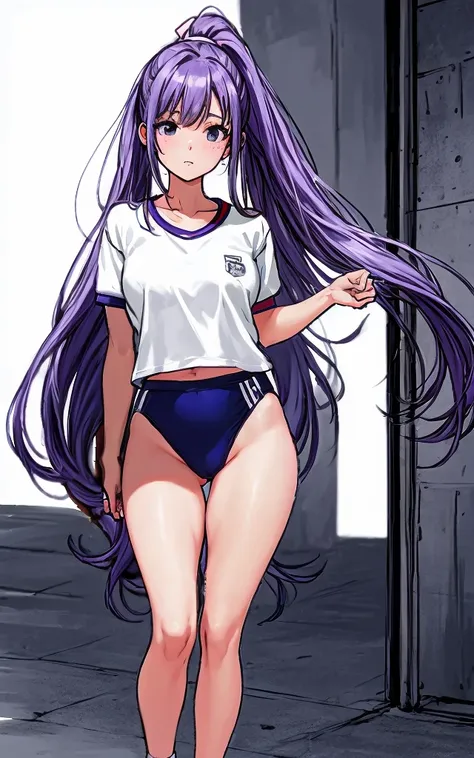 A beautiful woman with long wisteria purple hair in a ponytail that reaches to her shoulders and a light pink ribbon in the back, and a sharp face and beautiful legs, is wearing a white gym uniform.、She is standing with her mouth open in the school hallway...