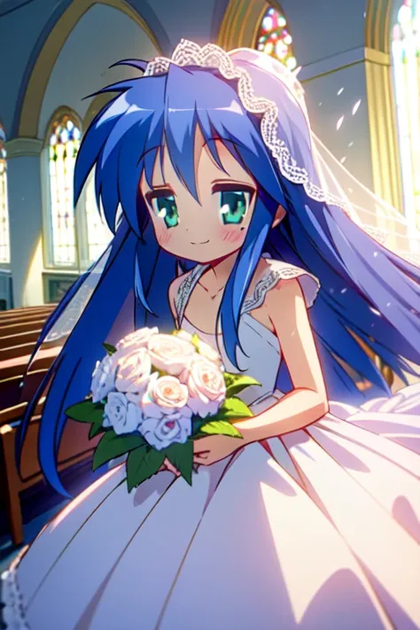 1 girl, alone, konata izumi, wedding dress,veil,bouquet,blush,smile, church,chapel,addition_detailed:1, highest quality, masterp...