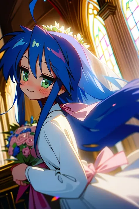 1 girl, alone, konata izumi, wedding dress,veil,bouquet,blush,smile, church,chapel,addition_detailed:1, highest quality, masterp...