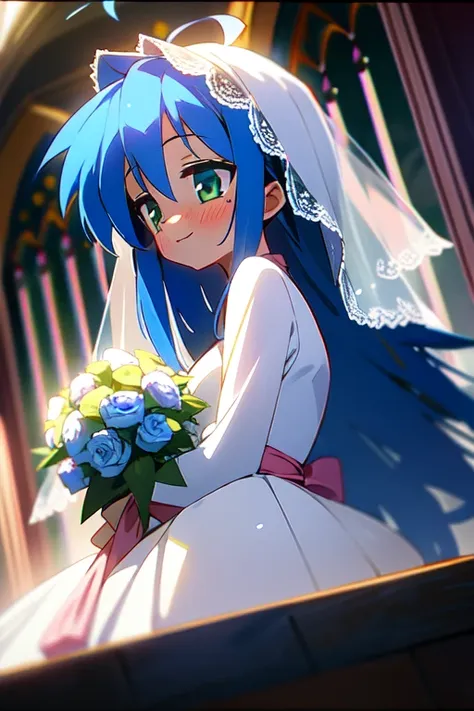 1 girl, alone, konata izumi, wedding dress,veil,bouquet,blush,smile, church,chapel,addition_detailed:1, highest quality, masterp...