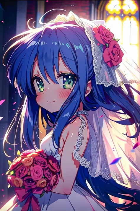 1 girl, alone, konata izumi, wedding dress,veil,bouquet,blush,smile, church,chapel,addition_detailed:1, highest quality, masterp...