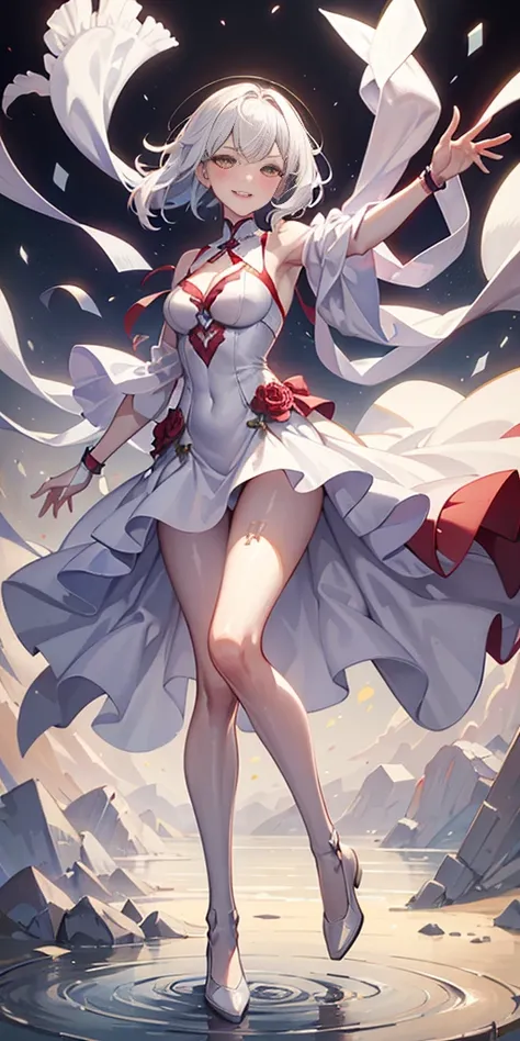 full-body close-up, create an elegant atmosphere), white short skirt, white hair shawl, graceful flowing, elegant movements, lustful smirking smile expression (red blush), floating in the air, (1girl), slim figure)
