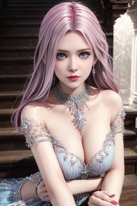 first person perspective,1girl,Elise,(Wearing Ice-crystal embellished dress:1.5),(Rose),go down the stairs,jewelry,Tattoos,nighttime, full_moon,red lips, slightly parted lips, lewd smile, lascivious, (((sexy poses))),clavicle,charming body,Charming cleavag...