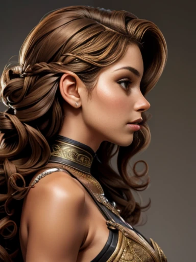 (( side view)),looking right, , ((Side view): 1.0), a woman, 30 years old, (feminine beauty), ((Perfect Skin)), light tanned skin, ((Long curly hair, light brown hair): 1.4)