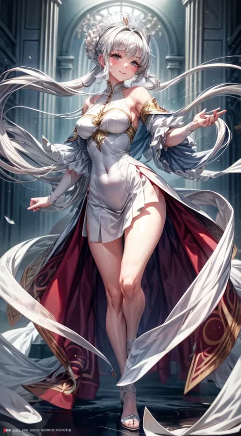 full-body close-up, create an elegant atmosphere), white short skirt, white hair shawl, graceful flowing, elegant movements, lustful smirking smile expression (red blush), floating in the air, (1girl), slim figure)
