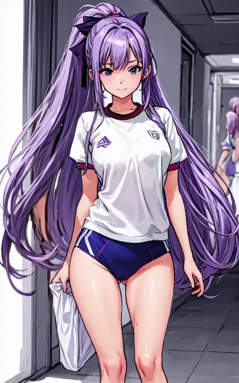 A beautiful woman with long wisteria purple hair in a ponytail that reaches to her shoulders and a light pink ribbon in the back, and a sharp face and beautiful legs, is wearing a white gym uniform.、She is standing in the school hallway with her legs sprea...