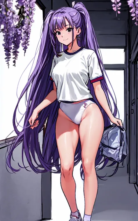 A beautiful woman with long wisteria purple hair in a ponytail that reaches to her shoulders and a light pink ribbon in the back, and a sharp face and beautiful legs, is wearing a white gym uniform.、She is standing in the school hallway with her legs sprea...