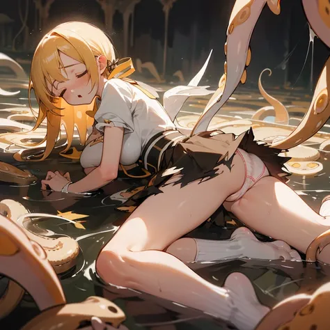 1 girl, solo, perfect anatomy, choked, tilt head, mami tomoe, masterpiece, best quality, highres, big breast, closed eyes, moaning, :o, (skirt fluttering, white panties, torn clothes:1.3), (laying ontentacles:1.3), dark atmosphere, Tyndall effect, scenery