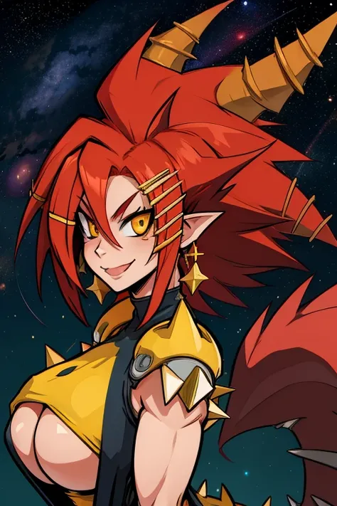 Bmaster, red hair,  spiked hair, yellow eyes, pointy ears , tail,  large breasts, 
solo, upper body, smiling,   
space,  stars, 
 