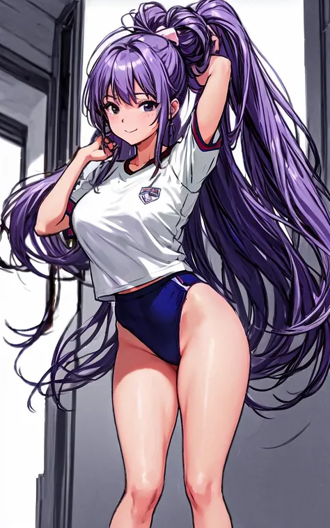 A beautiful woman with long wisteria purple hair in a ponytail that reaches to her shoulders and a light pink ribbon in the back, and a sharp face and beautiful legs, is wearing a white gym uniform.、She stands smiling in the school hallway wearing dark blu...