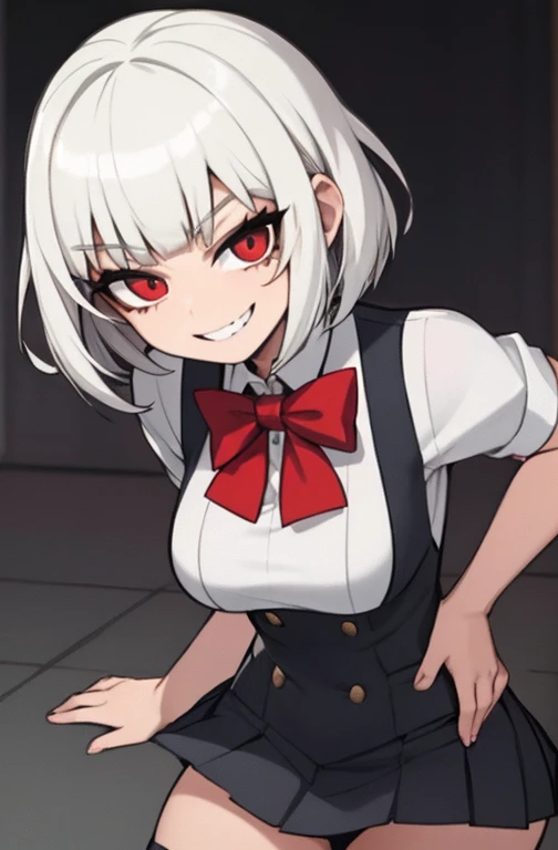 Girl with short white hair wears a very tight schoolgirl uniform and has a sadistic smile 