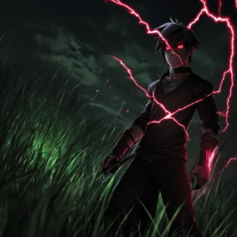 A boy with grass powers an looking so dark and has red glowing eyes 