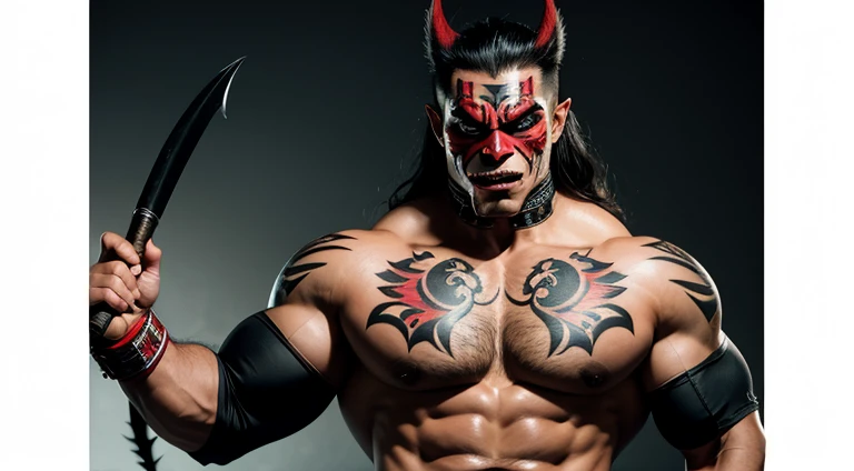 muscular vampire mexican wrestler with bat mask, tattoos