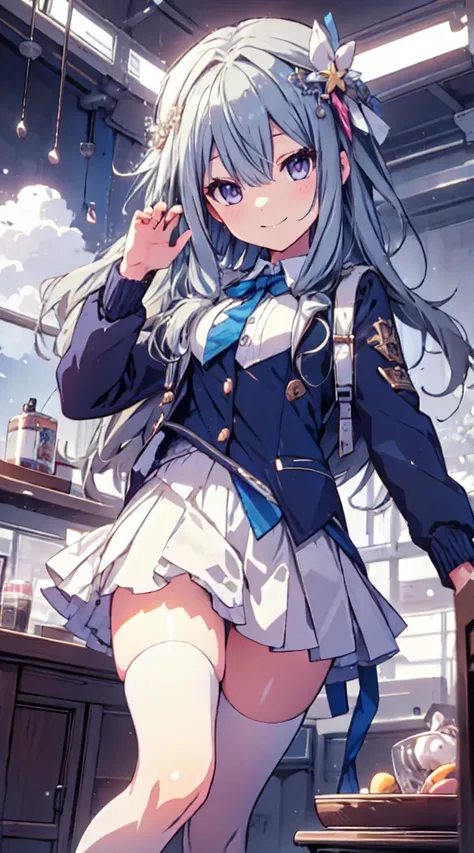 best quality, ultra detailed, absurdres, HDR,1loli、♡、Thighs、Strike a pose with a cheerful smile、uniform