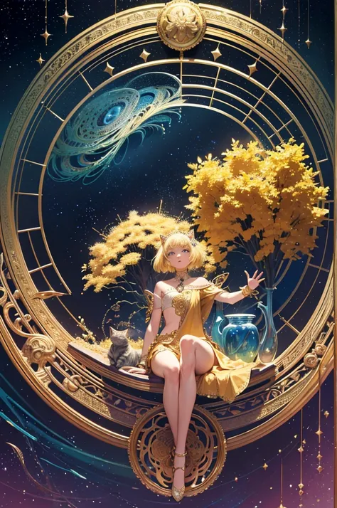 Realistic, (Masterpiece, Top Quality, Best Quality, Official Art, Beautiful and Aesthetic: 1.2), Very Detailed, Fractal Art, Colorful, Most Detailed, Leo, (Abstract Background: 1.5) (1girl: 1.3), (Cat class), yellow hair, bright eyes, earnest, combed back,...