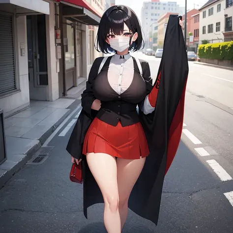 Futanari with penis, with short black hair,((huge breasts, tight mini skirt, woman with a huge penis between her legs)),((white blouse with Bhutan)),((with a mask, standing in a street) ),