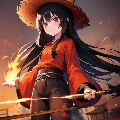 Little small anime girl with long black hair and red eyes with scratches on her face wearing a blood stained red long sleeved ancient Japanese shirt and long black ancient Japanese pants wearing a brown straw hat, she is holding a burning spear and she loo...