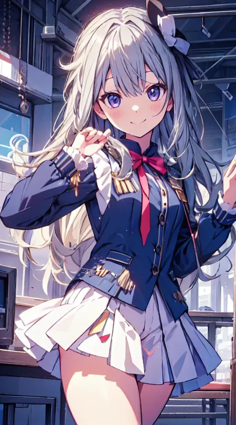 best quality, ultra detailed, absurdres, hdr,1loli、♡、thighs、strike a pose with a cheerful smile、uniform