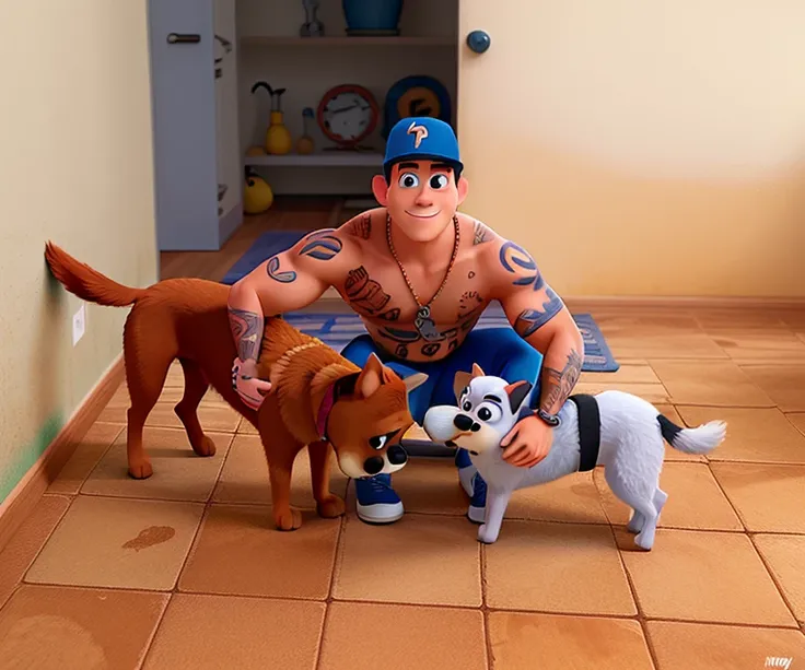 HOMEM MORENO FITNESS ESTILO DISNEY PIXAR COM DOIS CACHORROS 