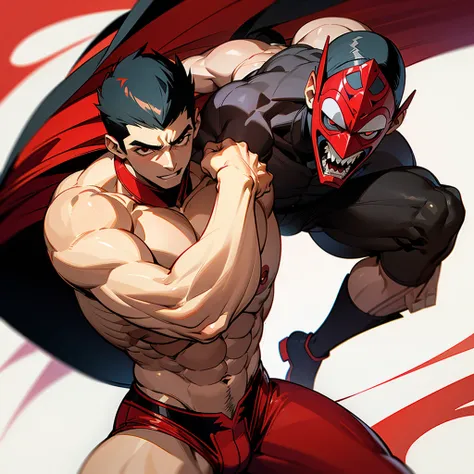 muscular vampire, Mexican wrestler, the black bat
Highest image quality，male people，child，1 boy，Young and handsome，shoun，black color hair，Short flat top hair，Dark skin，anime big breast，anime wallpaper，Solo，malefociefs，Dilation of the pectoral muscles，Red c...