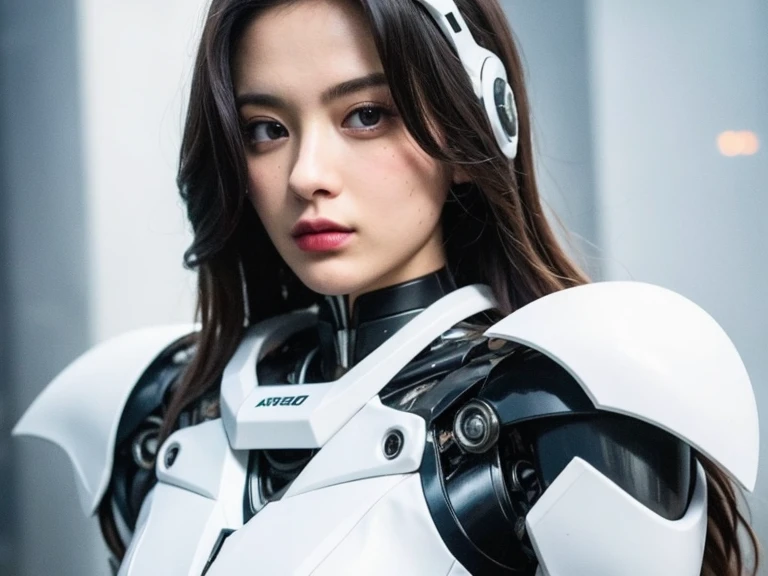 arafed woman in a futuristic suit with a sword and armor, porcelain cyborg armor, beutiful girl cyborg, beutiful white girl cyborg, cyborg - girl, cyborg girl, cute cyborg girl, girl in mecha cyber armor, portrait beautiful sci - fi girl, porcelain cyborg,...