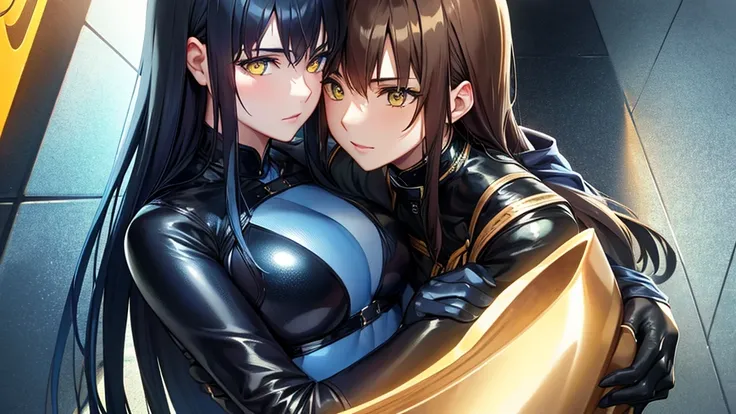 Beautiful women in blue and black long leather suits with yellow eyes hug each other