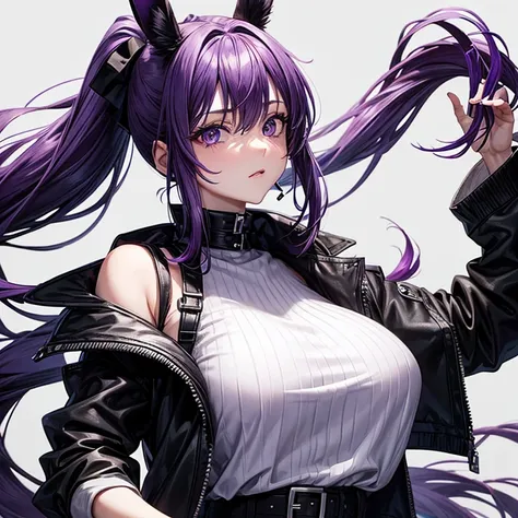 Steep eyes, purple hair, ponytail, white skin, muffler, black clothes, black rabbit ears