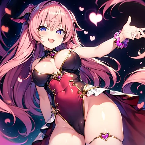 Succubus　pose of temptation　erotic body　　cute face　attractive face　Arm outstretched pose　heart mark　big smile　pink hair　eyes are hearts　4-arm　charm magic　angle from below　Seated Pose