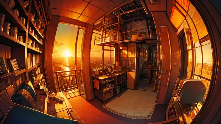 steampunk, fisheye view, orange sunset, romanticism style