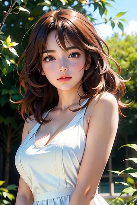 anime girl with brown hair and a white dress posing for a picture, beautiful alluring anime woman, seductive anime girl, detailed digital anime art, beautiful anime woman, attractive anime girl, kawacy, female protagonist 👀 :8, beautiful anime girl, detail...