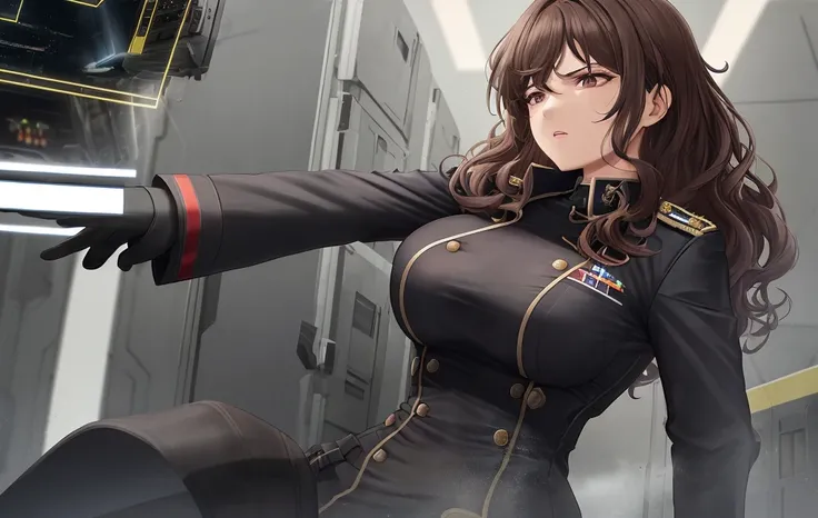 
A mature woman with medium curly  brown hair resting at her shoulders, perfect face, expressive black eyes, stands in the center of a control room, her anger apparent as she sternly gives orders. She commands attention in her military uniform, which is al...