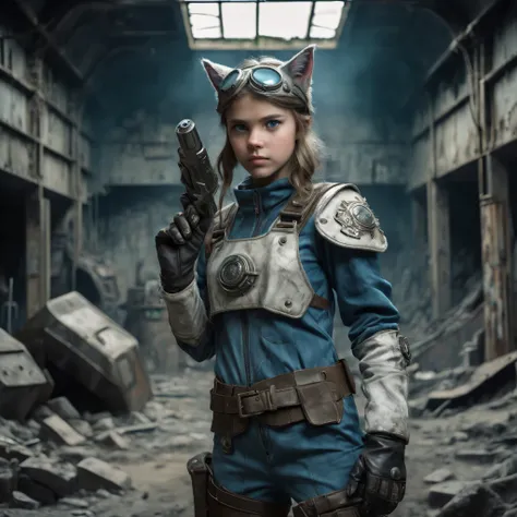 White girl, ((Anglo-Saxon)) ,wearing (vaultsuit with pipboy3000 on wrist) standing in a rundown rusty post apocalyptic steel bunker, holding a weapon in her right hand, giant fallout monster in background, professionally color graded, professional photogra...