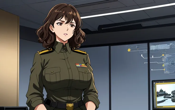 A mature woman with medium curly brown hair , perfect face, expressive black eyes, stands in the center of a control room, she has a serious expression on her face as great leader giving directions. She commands attention in her military uniform, which is ...