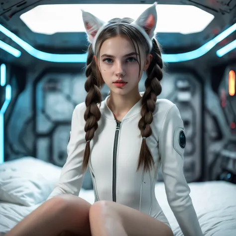 white girl, sitting on a bed, in a cyberpunk steel bunker with hatches etc., in the background. she wearing white cats ears. she...