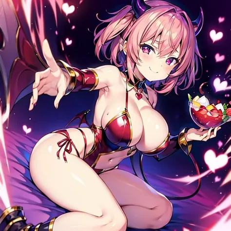 Succubus　pose of temptation　erotic body　　attractive face　Arm outstretched pose　heart mark　cute smile　pink hair　eyes are hearts　　charm magic　angle from below　pose sitting on bed　short hair　big boobs