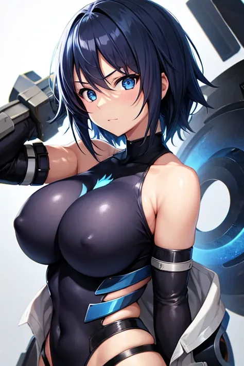 (best quality,ultra-detailed), anime girl, boku no hero, blue and black hair, sharp face, huge chest, blue eyes,