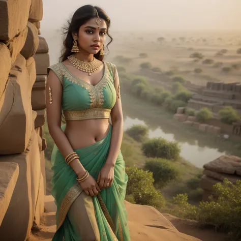 a fashion photo of a (beautiful indian woman:1.2), serene gaze, standing on cliff in hampi, india, telephoto photography, tight outfit, detailed big light green eyes, blond hair, big lips, intricate detail, intricate light skin, intricate hair, (atmosphere...