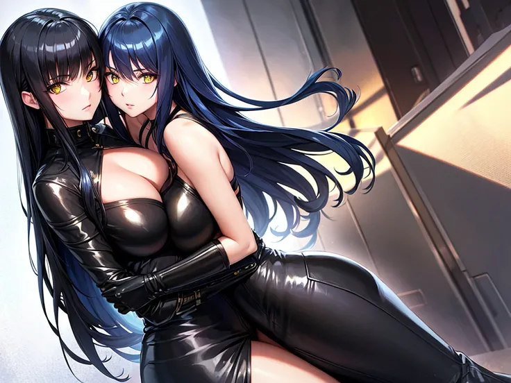 anime girl, blue and black hair, yellow eyes, long hair, leather suit, beautiful woman, hug,