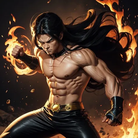 Human, superhuman, legendary, teen, shape, long hair, muscle, fire magic, badass, serious mode, pose, protagonist, berseker, one punch man style