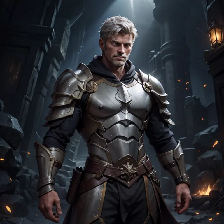 a very detailed fantasy illustration a stoic handsome male paladin in his 50's. he is incredibly muscular. he has short grey hai...