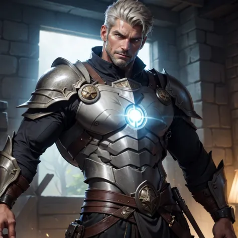 A very detailed fantasy illustration a stoic handsome male paladin in his 50s. He is incredibly muscular. He has short grey hair. He has a scars on his face. He is surrounded by darkness. But, a beam of light shines on him.