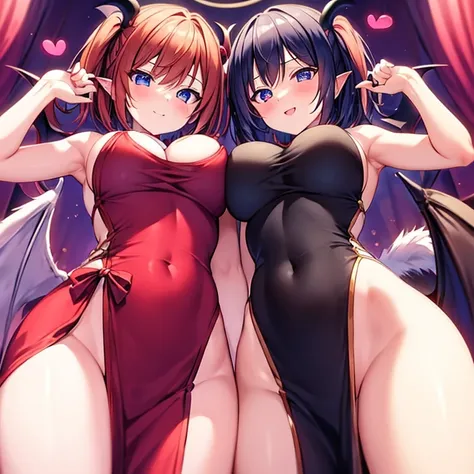 Succubus(twins)　pose of temptation　erotic body　　attractive face　　heart mark　cute smile　　eyes are hearts　　charm magic　angle from below　sit on the bed and pose　short hair　big boobs　sweets room background　Beautiful dress