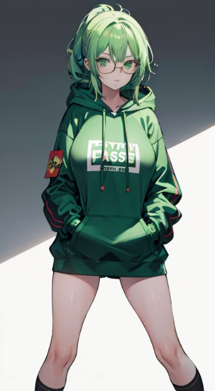 1girl, green hair, green eyes, big boobs, glasses, Hoodie, 1 hand in pocket, buckle, katanas, slut